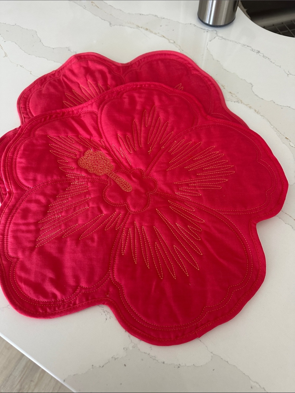Bright Red Floral Quilted Placemats - Set of 2